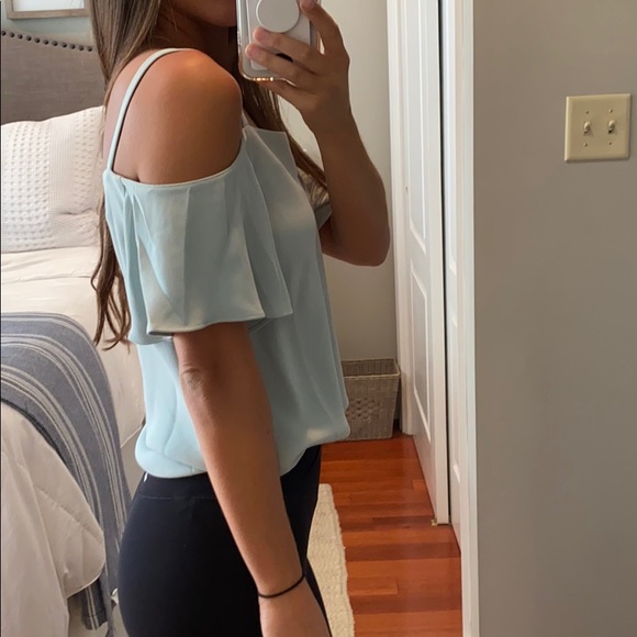 Ann Taylor loft light blue green off shoulder blouse work shirt top XS - Picture 3 of 6